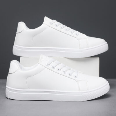 Men 2024 White Fashion Sneakers – Comfort Flat Lace-Up Casual Shoes, Big Size, Wholesale Price