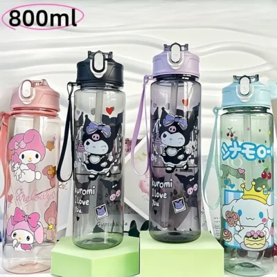 800ml Large Capacity Water Bottle with Straw & Lanyard – Cute Cartoon Design