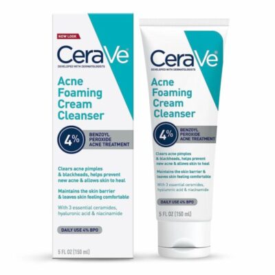 CeraVe Acne Foaming Cream Cleanser with 4% Benzoyl Peroxide, Hyaluronic Acid, and Niacinamide